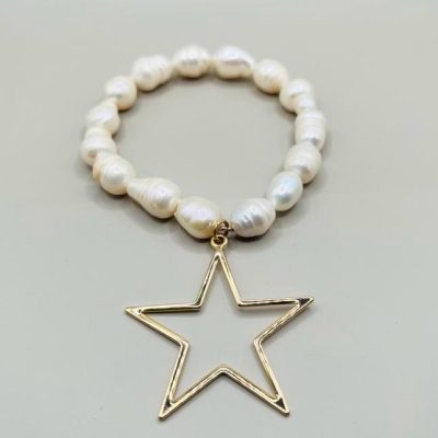 Pulsera Perla Natural Dije Estrella/Chapa De Oro